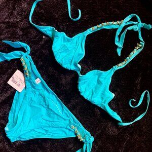 La Perla Bikini 2pc Swim Suit Set Halter Tie Gold Chains Underwire Blue L 12 48